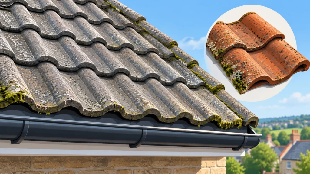 Editorial illustration comparing grey roof tiles and a clay tile sample with organic growth