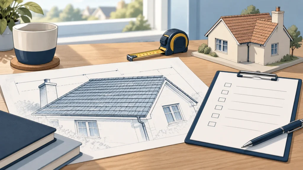 Editorial illustration of a roof sketch, checklist and house model for planning a roof-cleaning enquiry