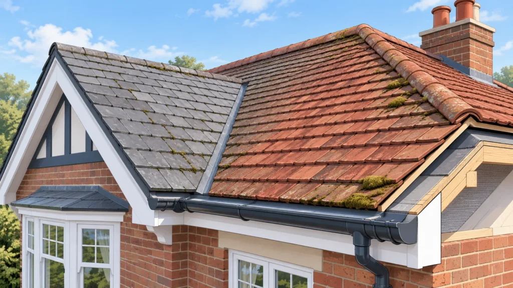Editorial illustration of pitched tiled roofs, moss patches and gutter details